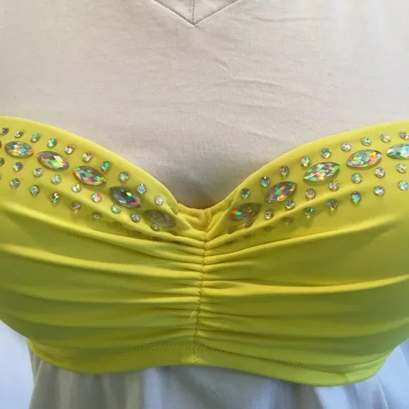 Victorias Secret Bikini Top Padded Push Up Underwire 34D Yellow Jewel Rhinestone - Picture 2 of 13